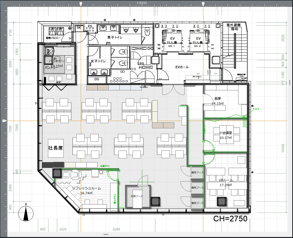 居抜き状態の図面でのレイアウト検討